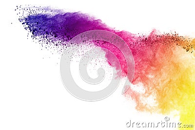 Explosion of colored powder, isolated on white background. Abstract of colored dust splatted. Color cloud. Stock Photo