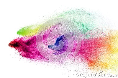 The explosion of colorful holi powder. Beautiful rainbow color powder fly away Stock Photo