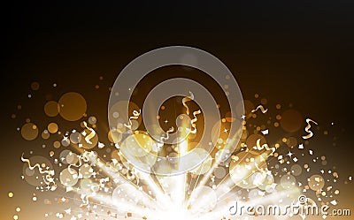 Explosion confetti scatter with light beam, gold particles, ribbons, dust, glowing dust blurred, Bokeh glitter blinking Vector Illustration