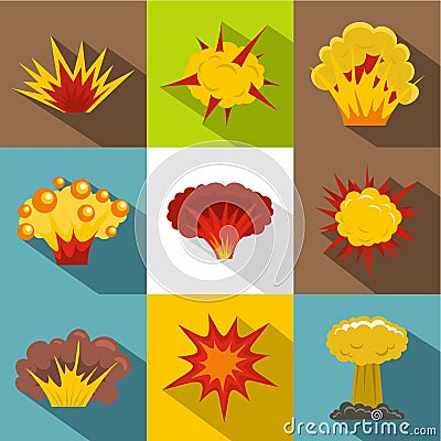 Explosion destruction icon set, flat style Vector Illustration