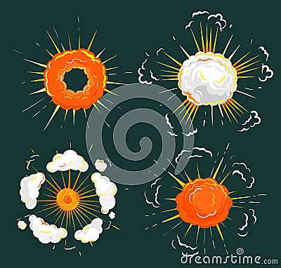 Explosion Fireball, Blast with Flame and Fume Set Vector Illustration