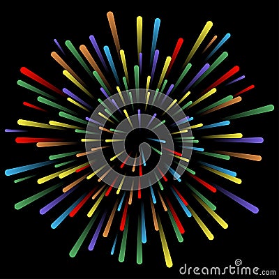 Explosion of fireworks. Glowing light effects. Abstract bright colorful lines, rays. Background with pyrotechnic salut. Vector. Vector Illustration