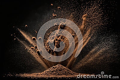 Explosion of ground coffee with roasted beans on black. Illustration AI Generative Stock Photo