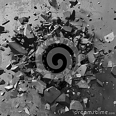 Explosion hole in concrete cracked wall. Industrial background Cartoon Illustration