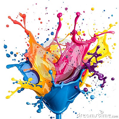 Explosion of Multicolored Paint Splashes on White Background. Generative ai Cartoon Illustration