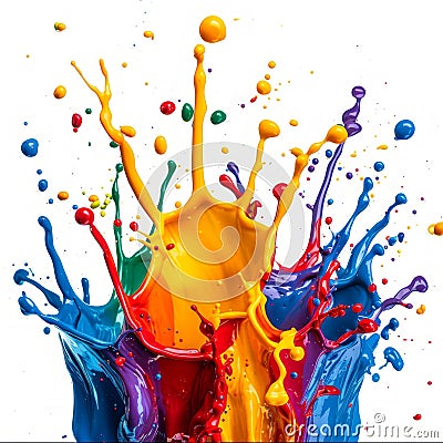 Explosion of Multicolored Paint Splashes on White Background. Generative ai Cartoon Illustration