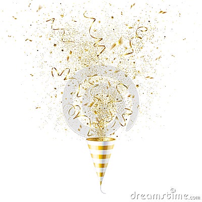 Explosion Party Popper with Gold Confetti Vector Illustration
