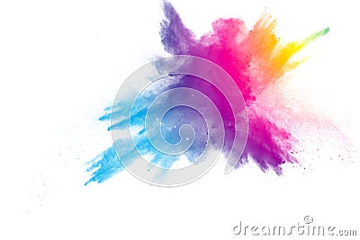 Explosion of rainbow color powder on white background. Stock Photo