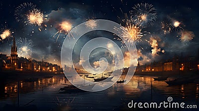 Explosions of colorful fireworks in a nighttime setting against a backdrop of a river and floating little boats. New Year' Vector Illustration