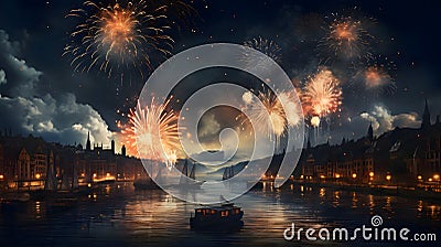 Explosions of colorful fireworks in a nighttime setting against a backdrop of a river and floating little boats. New Year' Vector Illustration