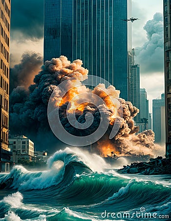 Urban Apocalypse with Explosions Stock Photo