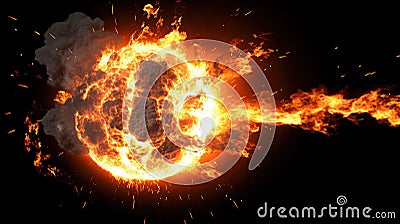 Explosive Energy: Dynamic Fireball Explosion with Fiery Flames and Flying Particles, Generative AI Stock Photo