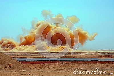 Explosive fumes after detonator blasting in the desert Stock Photo