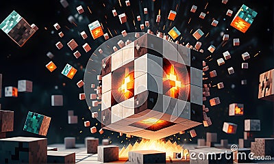 Explosive Minecraft World Cubes. Minecraft Texture. Explosive blocks. Minecraft textures and cubes. Generative AI. Stock Photo