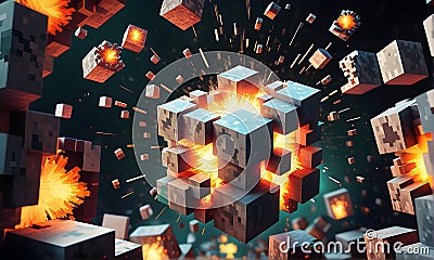 Explosive Minecraft World Cubes. Minecraft Texture. Explosive blocks. Minecraft textures and cubes. Generative AI. Stock Photo