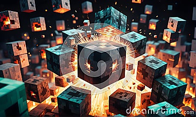 Explosive Minecraft World Cubes. Minecraft Texture. Explosive blocks. Minecraft textures and cubes. Generative AI. Stock Photo