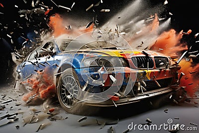 An explosive moment captured as a vehicle shatters, showcasing the chaotic aftermath of a car accident, destruction Stock Photo