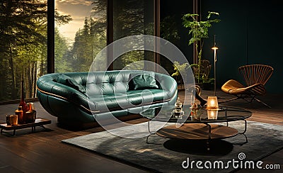 Explosive Photorealistic Design: Armchair, Sofa, Glass Coffee Table and Painting for a Contemporary and Comfortable Living Room Stock Photo