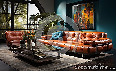 Explosive Photorealistic Design: Armchair, Sofa, Glass Coffee Table and Painting for a Contemporary and Comfortable Living Room Stock Photo