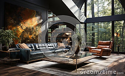 Explosive Photorealistic Design: Armchair, Sofa, Glass Coffee Table and Painting for a Contemporary and Comfortable Living Room Stock Photo