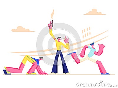 Explosive Starting at Sport Running Competition. Athlete Sprinter Runner Sportsmen Characters Run Marathon, Sprint Race Vector Illustration