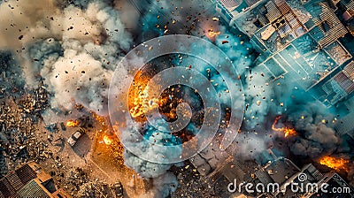 Explosive urban destruction from above Stock Photo
