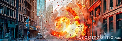 Explosive urban scene with fiery blast engulfing street Stock Photo