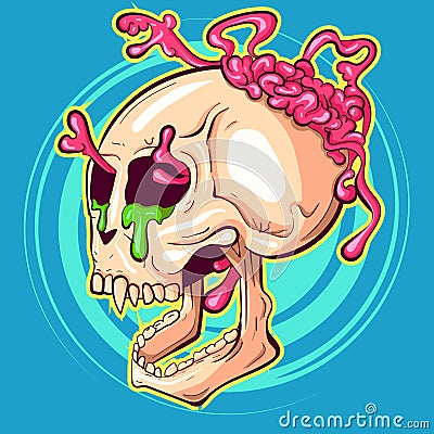 Explosive vector of a side view skull with brains and green liquid. Graffiti street art and hip hop culture artwork of a skeleton Vector Illustration