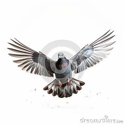 Explosive Wildlife: Pigeon Flying On White Background Stock Photo