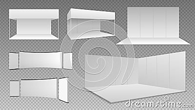 Expo stands mockup. Event showroom design, isolated 3D exhibition panels. Empty realistic wall and floor, white booth Vector Illustration