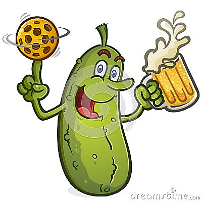 A happy pickle with attitude spinning a ball on his finger and drinking beer Vector Illustration