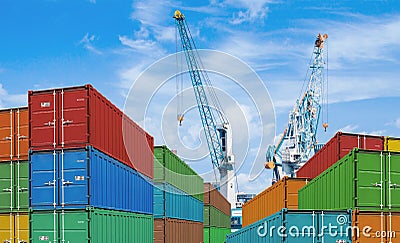 Export or import shipping cargo container stacks Stock Photo