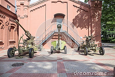 The exposition of the cannons of World War II on the territory of the State Enterprise Vodokanal of St. Petersburg Editorial Stock Photo