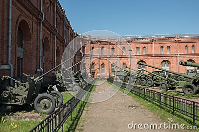 Exposition on courtyard of Military History Museum of artillery, engineer and signal corps in St. Petersburg. Russia Editorial Stock Photo