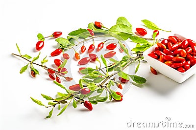 Exposition of fresh organic goji fruits, healthy food on white background. Stock Photo