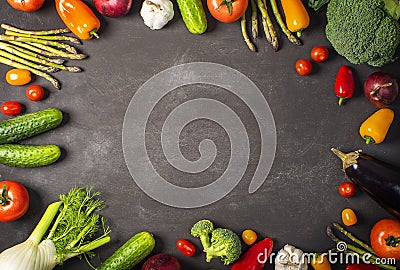 Exposition of fresh organic vegetables on wooden table. tomato, pepper, broccoli, onion, garlic, cucumber, eggplant, black Eyed P Stock Photo