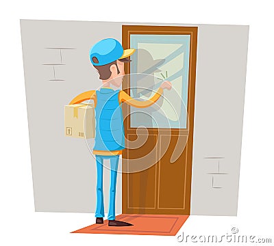 Express Courier Special Delivery Boy Man Messenger Cardboard Box Concept Knocking at Customer Door Wall Background Retro Vector Illustration