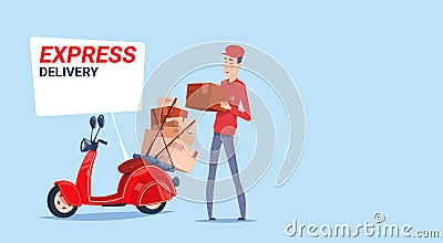 Express Delivery Asian Man Deliver Boxes With Retro Scooter Courier Service Template Banner Vector Illustration