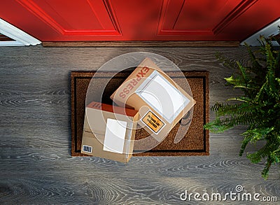 Express delivery boxes delivered outside front door are easy to steal. Stock Photo