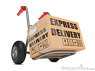 Express Delivery - Cardboard Box on Hand Truck. Stock Photo