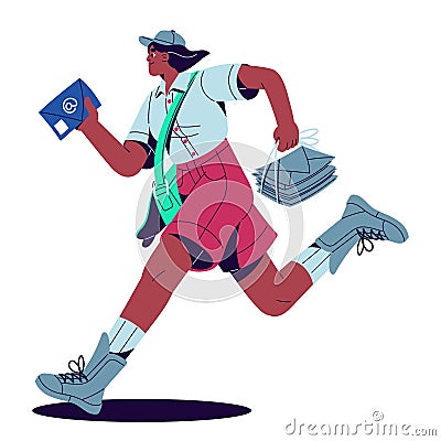 Express delivery concept. Postman with mail bag carries postal envelopes, letters. Mailman running, hurries to deliver Vector Illustration