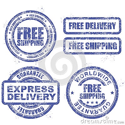 Express delivery and free worldwide shipping - blue stamps Vector Illustration