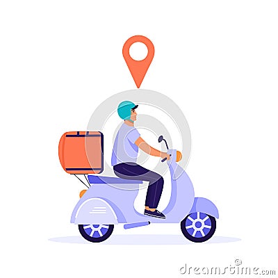 Express delivery illustration. Man courier riding scooter with parcel and a red GPS dot. Vector Illustration