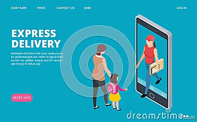 Express delivery isometric. Vector fast delivery landing page template. Courier, woman and little girl Vector Illustration