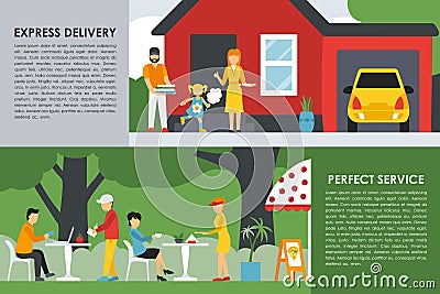 Express Delivery and Perfect Service flat concept web vector illustration. People, Deliveryman, Car. Pizzeria Bistro Vector Illustration