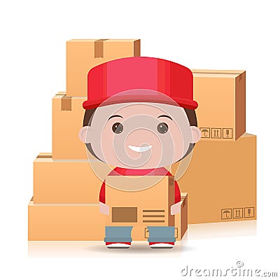 Express delivery postman. 3d box. flat courier white background Vector Illustration