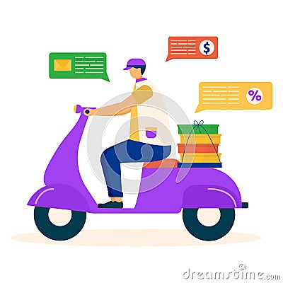 Express delivery service man ride motor scooter, shipping company document, money flat vector illustration, isolated on Cartoon Illustration