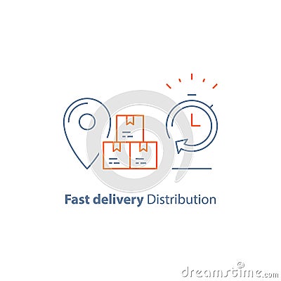 Distribution and shipping service, logistics company, express order delivery, send parcel, receive box, pick up point, time period Vector Illustration