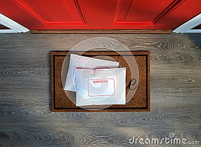 Express service envelopes delivered to door step. Stock Photo