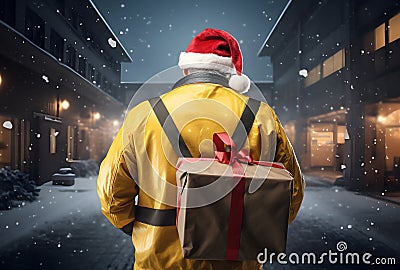 Express Shipping, courier worker delivering, shipping Christmas parcel, portrait courier Stock Photo